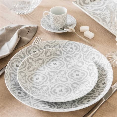 Assiette Plate En Porcelaine Grise Motifs Graphiques Portereau