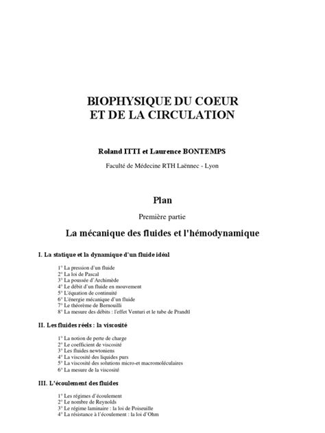 PDF Cours Biophysique La Mécanique Des Fluides Et L Hémodynamique