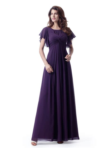 Purple A Line Long Modest Bridesmaid Dresses With Flutter Sleeves Ruched Chiffon Ankle Length