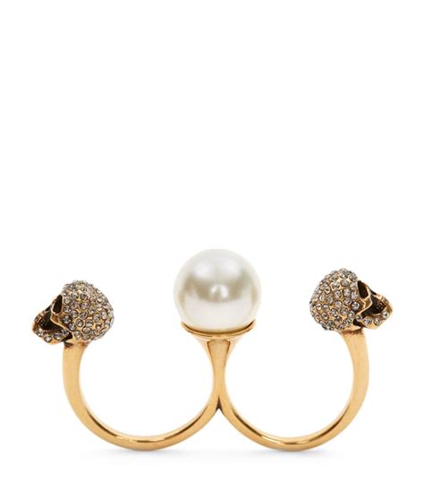 Alexander Mcqueen Faux Pearl And Skull Double Ring Harrods Uk