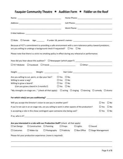 Fauquier Community Theatre Audition Form Fiddler On The Roof