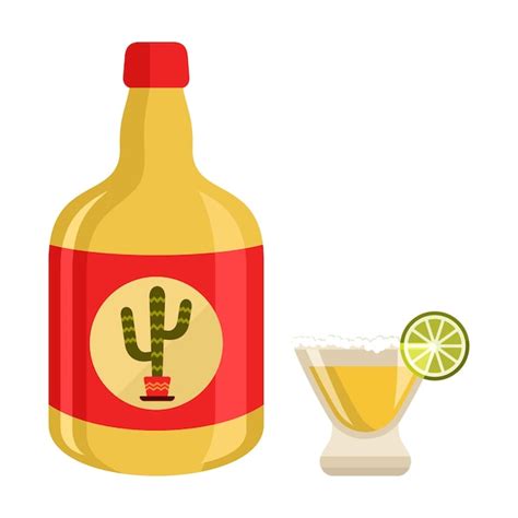 Botella Y Vaso De Tequila Con Bebida Y Rodaja De Limón Y Sal Vector