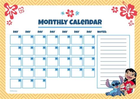 Calendario Mensual Lineal De Lilo Y Stitch Dibujado A Mano