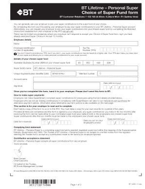 Fillable Online BT Lifetime Personal Super Choice Of Super Fund Form