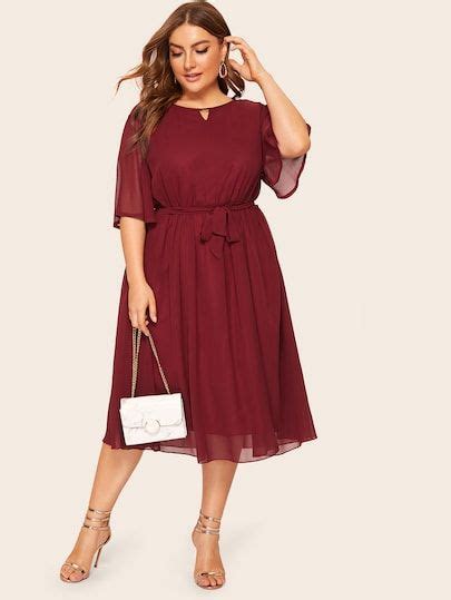 Plus Size Best Seller Shein Burgundy Midi Dress Tie Waist Dress