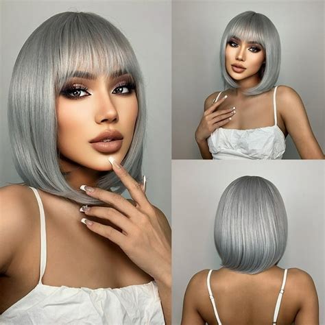 Short Straight Synthetic Wigs Natural Short Bob Wigs For Women With Bangs Daily Heat Resistant