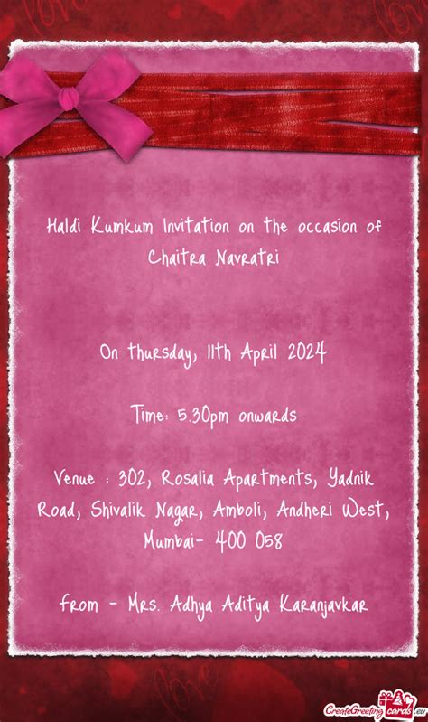 Haldi Kumkum Invitation On The Occasion Of Chaitra Navratri Free Cards