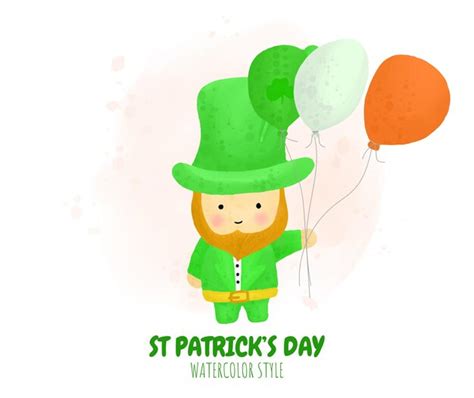 Saint Patrick Dag Stripfiguur Kabouter Met Ballon In Aquarel Stijl