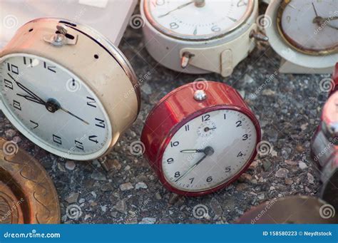 Vintage Clocks At The Flea Market In The Street Stock Image Image Of