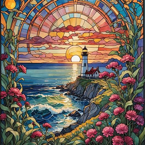 Art Nouveau Stained Glass Lighthouse On A Cliff Globe Amaranth