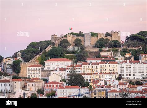 Lisbon Portugal Skyline At Sao Jorge Castle During Sunset Stock Photo