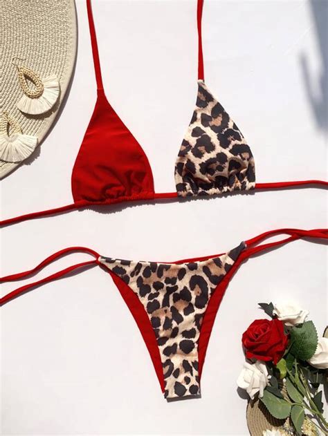 Conjunto de bikini de leopardo empalmado sujetador de triángulo halter