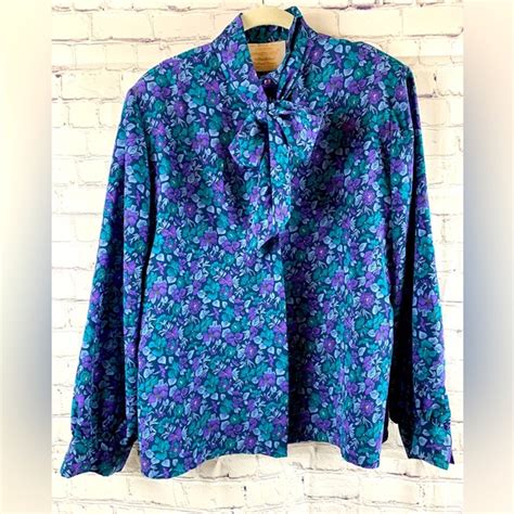 Vintage Tops Vintage Country Sophisticates Blouse Purple Floral Button Down Pussy Bow Collar