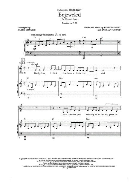 Taylor Swift Bejeweled Arr Mark A Brymer Ssa Choir Piano Choral Sheet Music In C Major