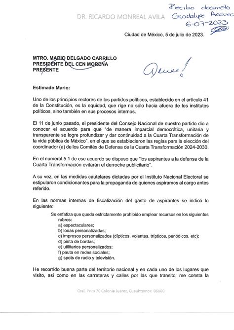 Carta a Mario Delgado Presidente Nacional de MORENA Comunicación Monreal