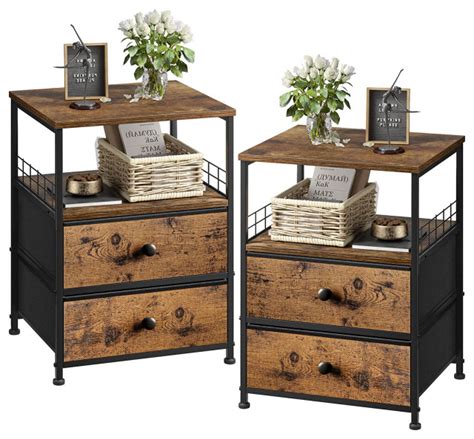 Rustic Nightstand Set of 2 with Fabric Drawers and Open Wood Shelf ...