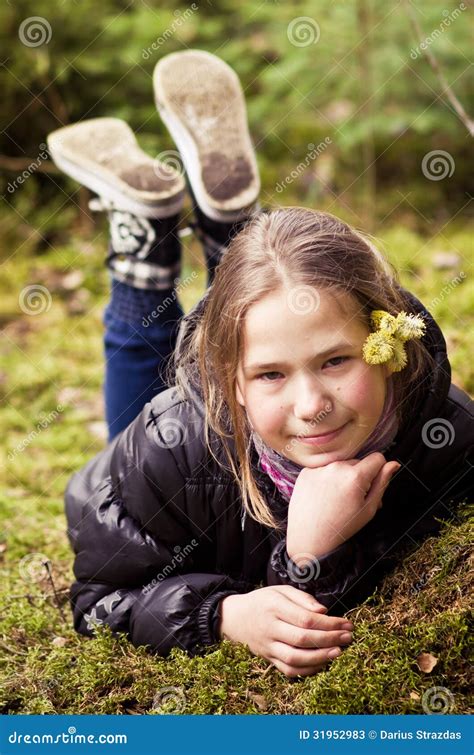 Girl lying in forest stock image. Image of leaves, floor - 31952983