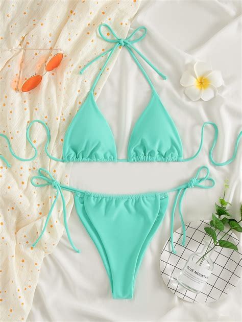 Shein Swim Basics Conjunto De Bikini Unicolor Sujetador Triangular Y