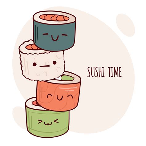 Draw Funny Kawaii Sushi Roll Vector Illustration Japanese Asian