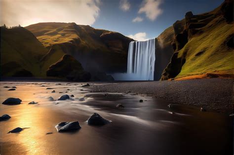 Premium AI Image | A waterfall in iceland with a green mountain in the ...