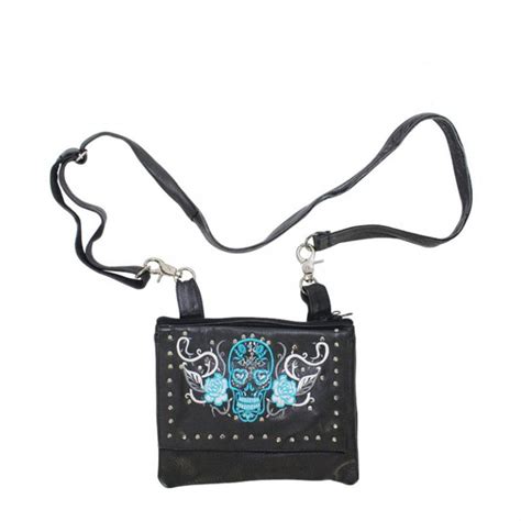 Studded Turquoise White Sugar Skull Naked Cowhide Leather Belt Bag W Gun Pocket BNBAG36