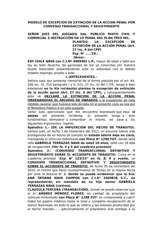 Excepcion DE Extincion DE LA Accion Penal POR Convenio Transaccional Y