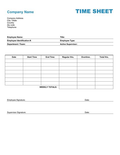 Employee time sheet template in Word and Pdf formats