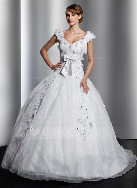 Ball Gown V Neck Court Train Satin Organza Wedding Dress With Lace