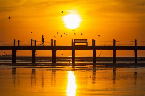 Premium Photo The Nature Of Beautiful Bridge On The Sea And Suntset