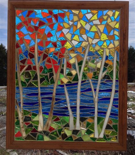 Stained Glass Fall Trees Landscape Mosaic Panel Autumn Stained Glass