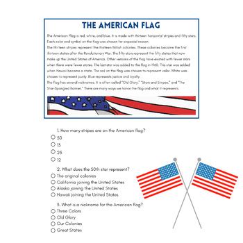 American Flag Day Fourth Grade Reading Passage Comprehension Activity