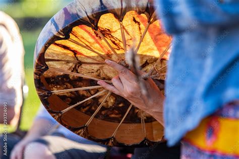 Sacred Drums During Spiritual Singing A Close Up View On The Hands Of