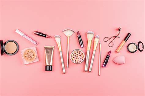 Cosmetic Products On Pink Background Set Of Luxury Decorative Cosmetics With Copy Space Flat Lay