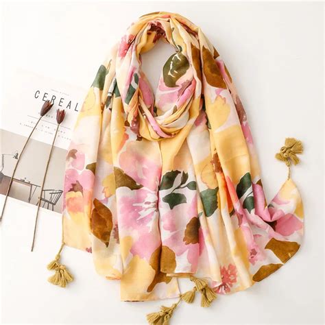 Chal De Viscosa Con Borla Floral Para Mujer Hijab Pashmina De Alta