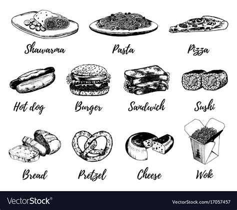 Fast Food Sketches Set Hand Drawn Royalty Free Vector Image