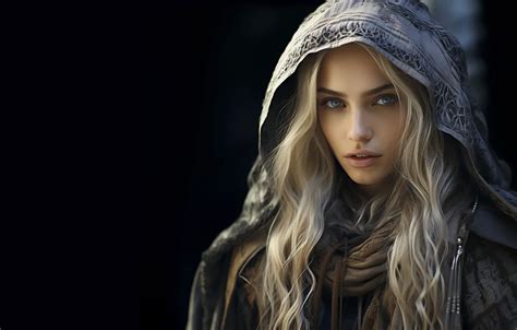 Wallpaper Look Girl Portrait Blonde Hood Image Black Background