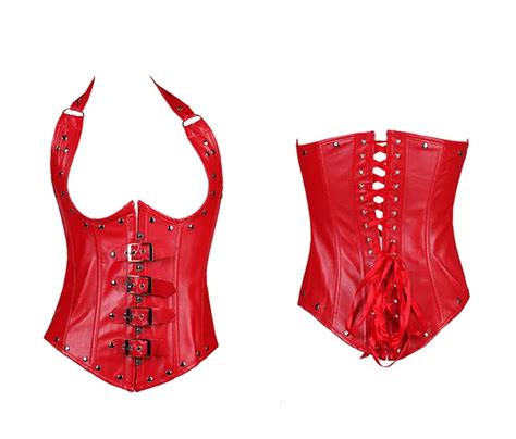 Black Red Leather Underbust Steel Boned Sexy Halter Corset With Strap Women Belt Buckle Rivets