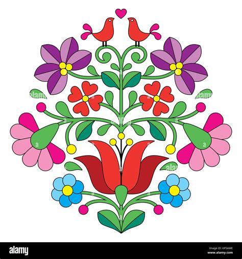 Kalocsai Embroidery Hungarian Floral Folk Pattern With Birds Vector