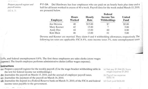 Solved Prepare Payroll Register And P11 3A Del Hardware