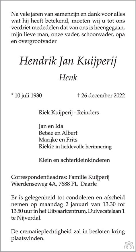 Hendrik Jan Henk Kuijperij Overlijdensbericht En