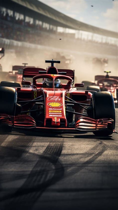 A Red Race Car Driving On A Track With Other Cars In The Distance Behind It