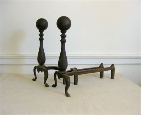 Vintage Cast Iron Andirons Fireplace Log Holders Cannonball