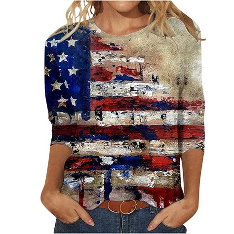 Apexfwdt American Flag Shirt Tops Womens Casual 3 4 Sleeve 4th Of July