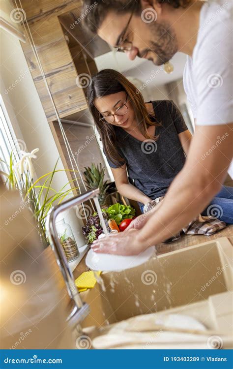 Couple Washing The Dishes After Lunch Stock Image Image Of Couple