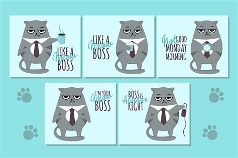 Grumpy Cat Boss Cards With Funny Inscriptions Cartoon Style Business