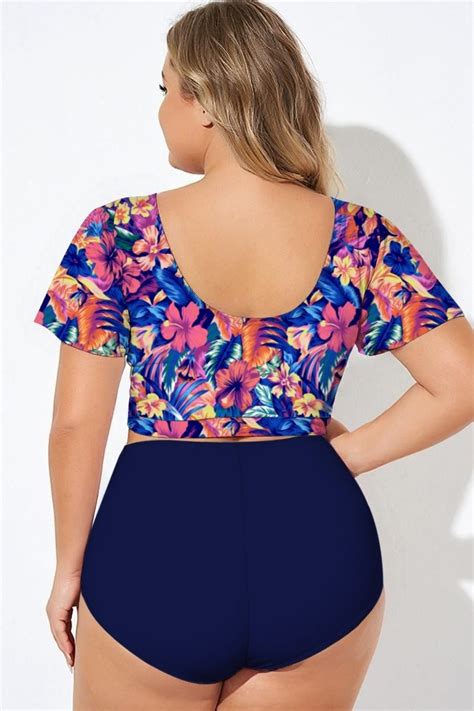 Colorful Floral Print V Neck Flutter Sleeve Bikini Top Meet Curve