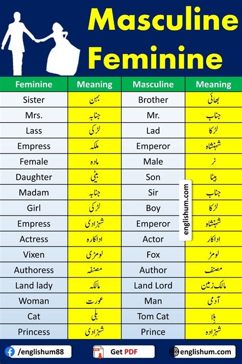 Masculine And Feminine Words With Urdu Meanings List Artofit