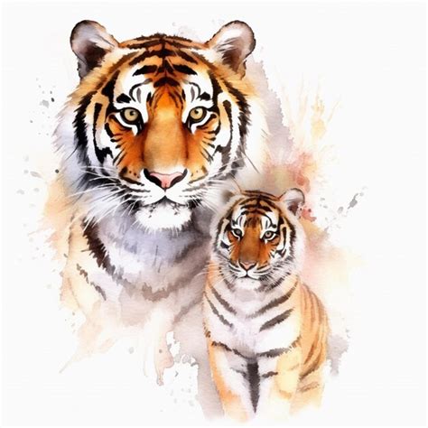 Pintura Em Aquarela De Um Tigre E Seu Filhote Foto Premium