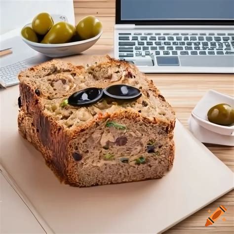 Olive Loaf With Meat And Olives Next To A Computer With A Mustache On