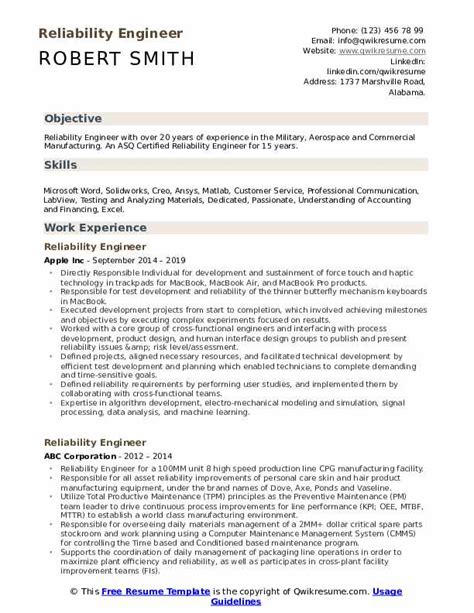 Reliability Engineer Resume Samples QwikResume